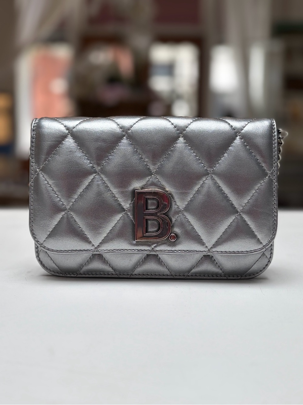 Balenciaga Quilted Silver Metallic B. Logo Crossbody